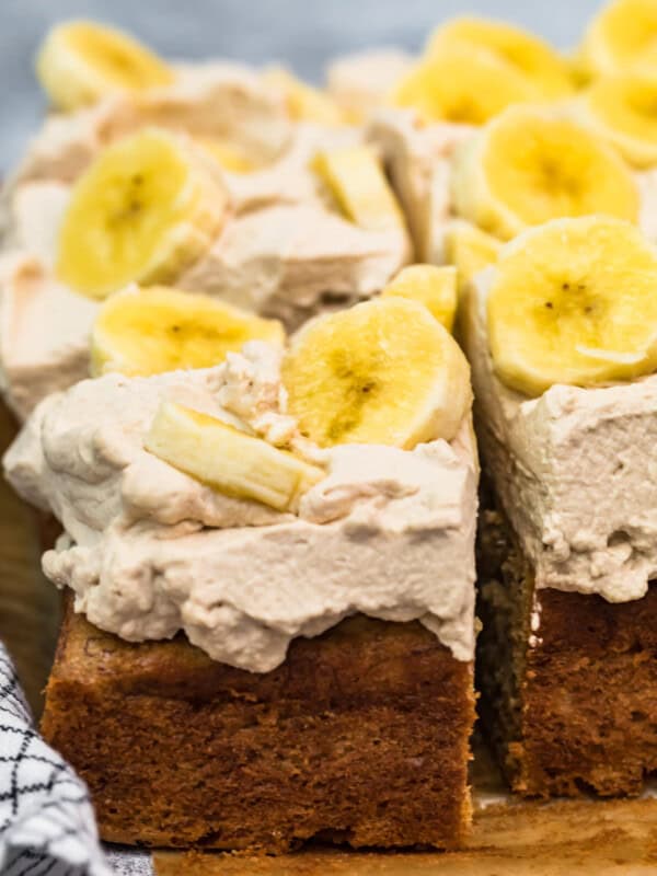 banana cake with kahlua whipped cream and bananas