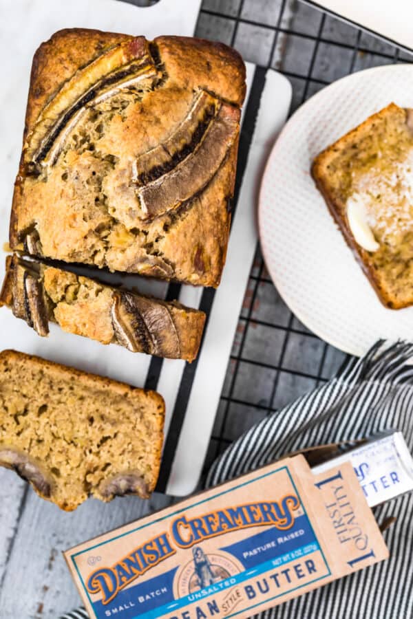 sliced browned butter banana bread made with danish creamery butter