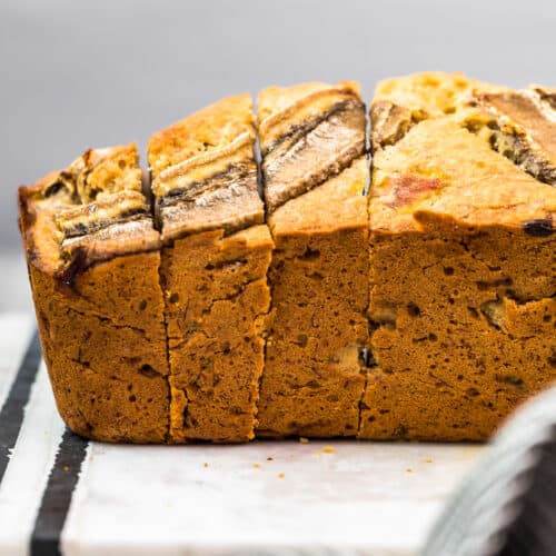 side view of sliced browned butter banana bread