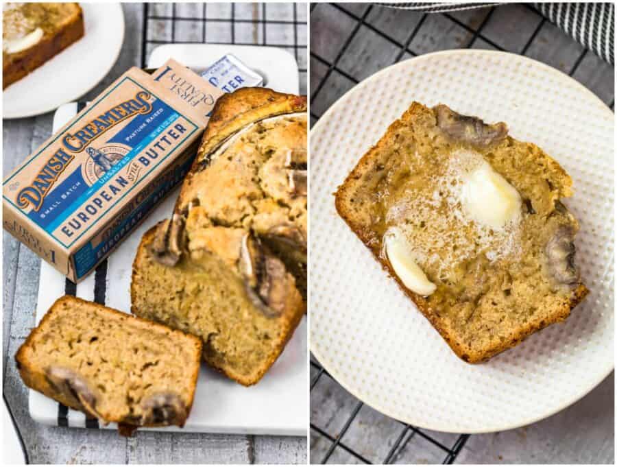 collage of pictures of browned butter banana bread