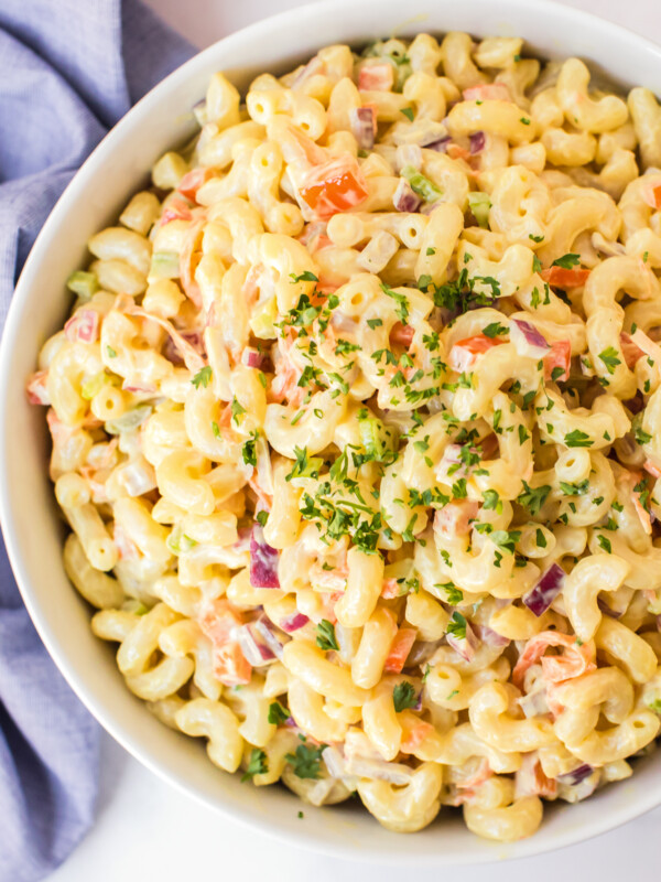 macaroni salad in white bowl