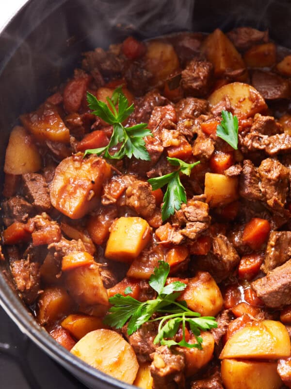 beef stew with red wine in dutch oven