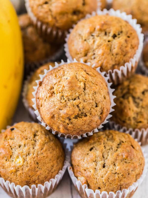 overhead image of banana muffins