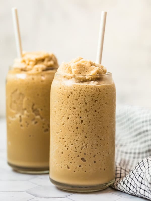 keto coffee smoothie in two glasses with straws