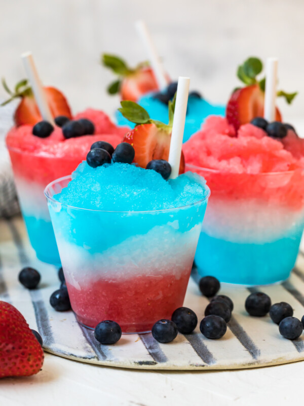 red white and blue margarita slushies on platter