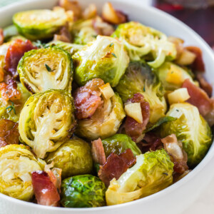 maple bacon brussels sprouts in white bowl