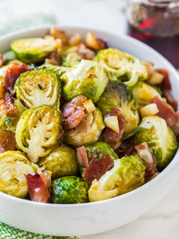 maple bacon brussels sprouts in white bowl