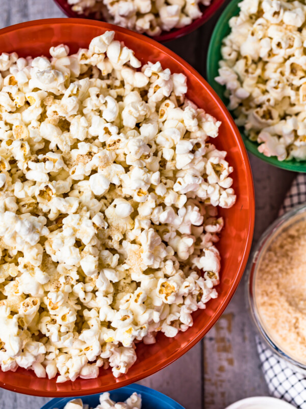 homemade kettle corn in brightly colored bowls