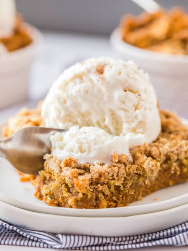 fork digging in to pumpkin crisp