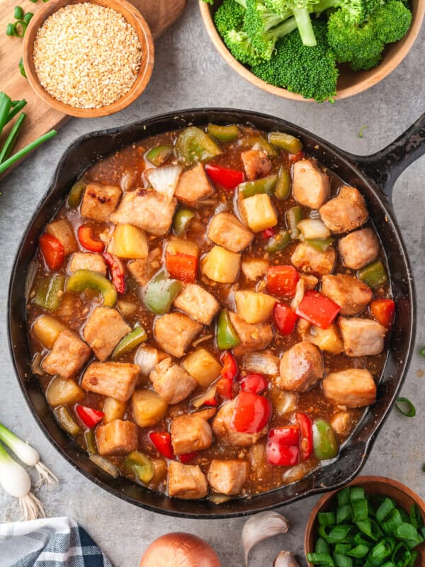 skillet filled with sweet and sour pork