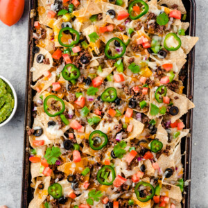 beef sheet pan nachos on sheet pan