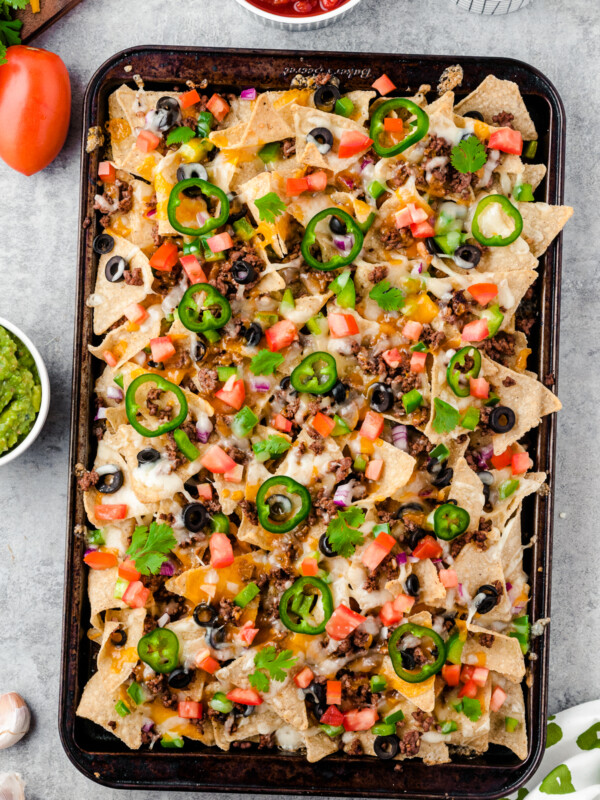 beef sheet pan nachos on sheet pan