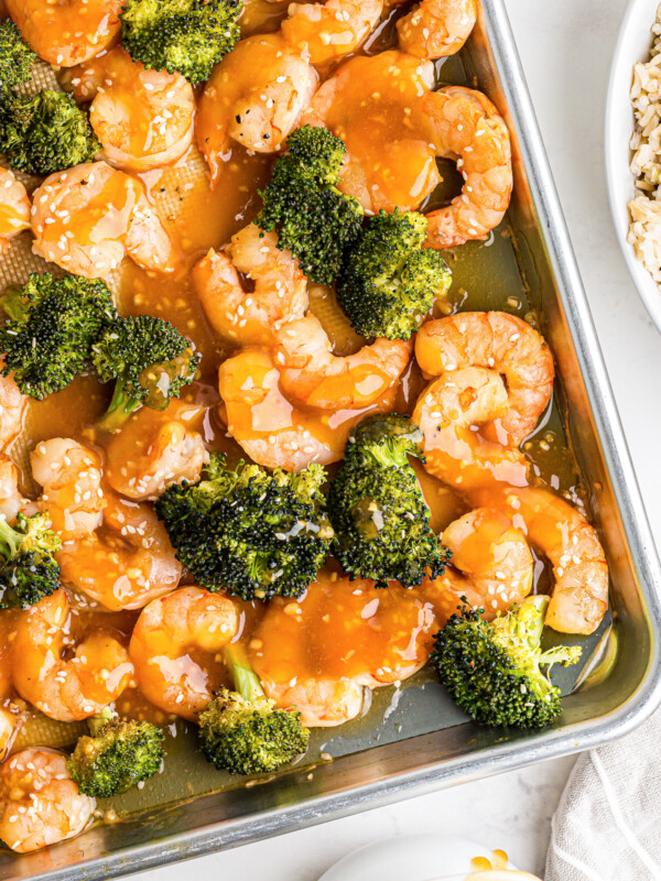 honey garlic shrimp and broccoli on sheet pan