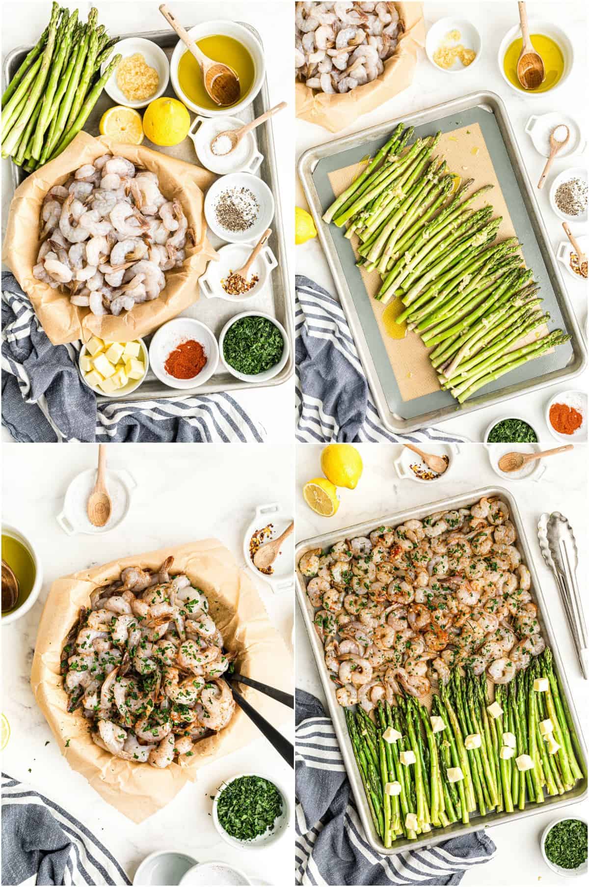 step by step photos of how to make shrimp and asparagus sheet pan dinner
