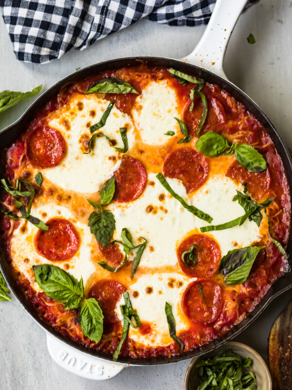 pepperoni pizza gnocchi bake in skillet