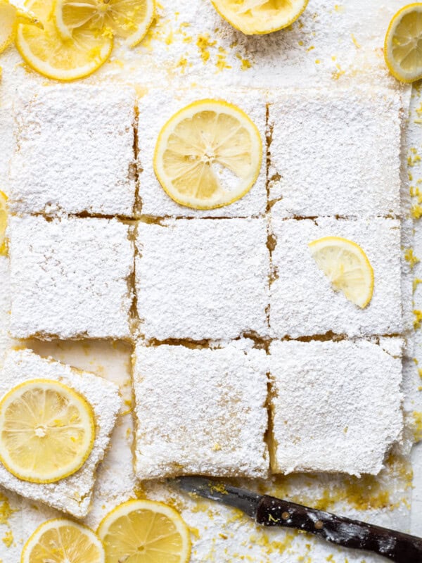 sliced lemon bars with lemon slices