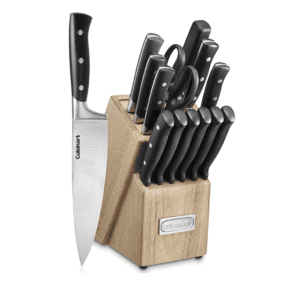 a set of knives in a wooden block.