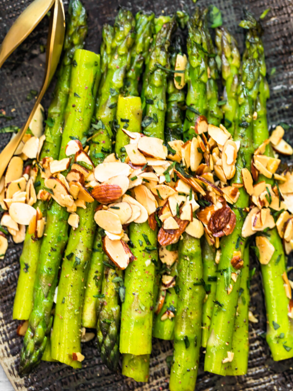 asparagus almondine on platter