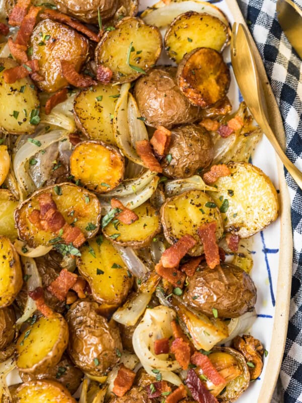 platter with halved roasted potatoes