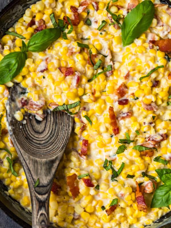 up close image of cast iron skillet creamed corn