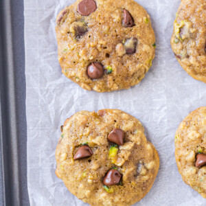 zucchini chocolate chip cookies on sheet pan