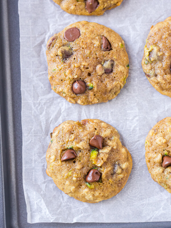 zucchini chocolate chip cookies on sheet pan