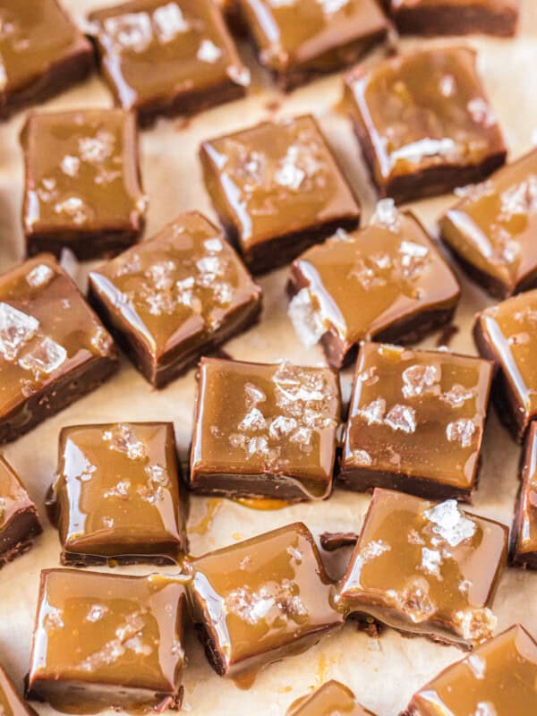 salted caramel chocolate fudge cut into cubes