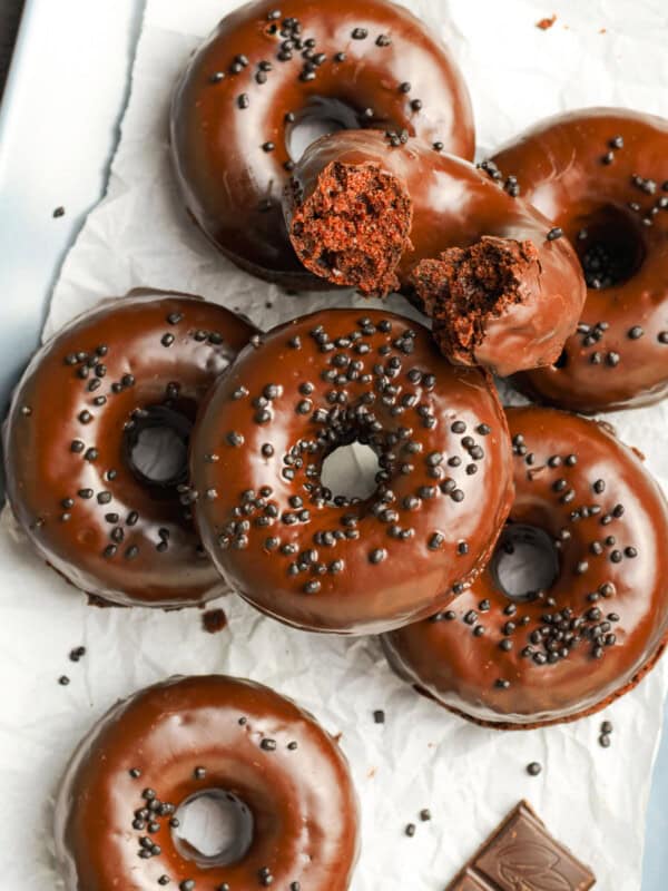 overhead image of chocolate donuts