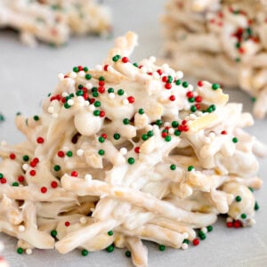 christmas white chocolate peanut haystack on parchment