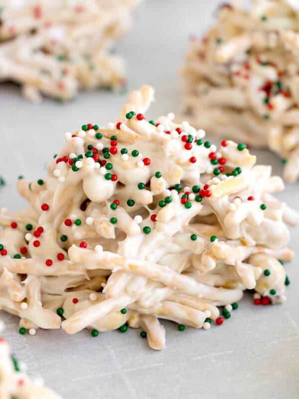 christmas white chocolate peanut haystack on parchment