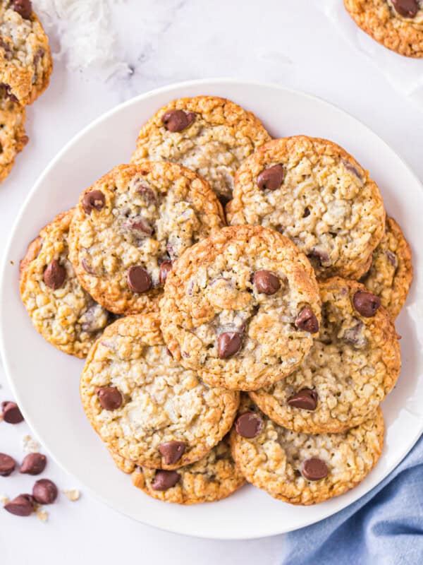 oatmeal chocolate chip cookies sweetened with honey on platter