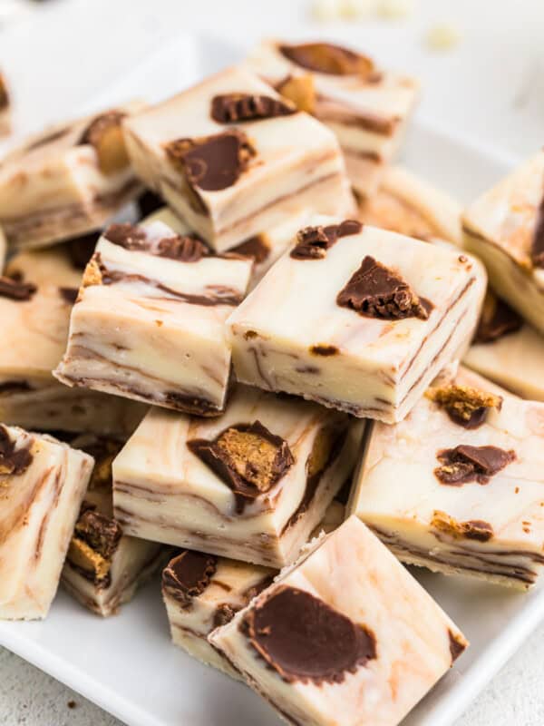 sliced and stacked peanut butter cup fudge