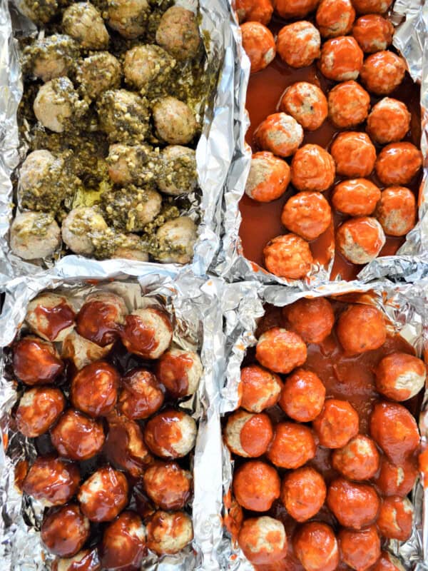 sheet pan party meatballs with different sauces