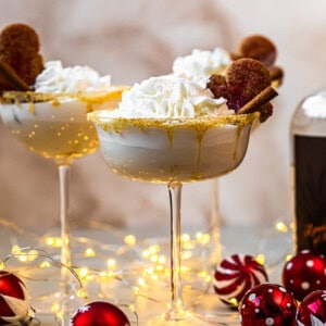 3 gingerbread martinis with christmas decorations