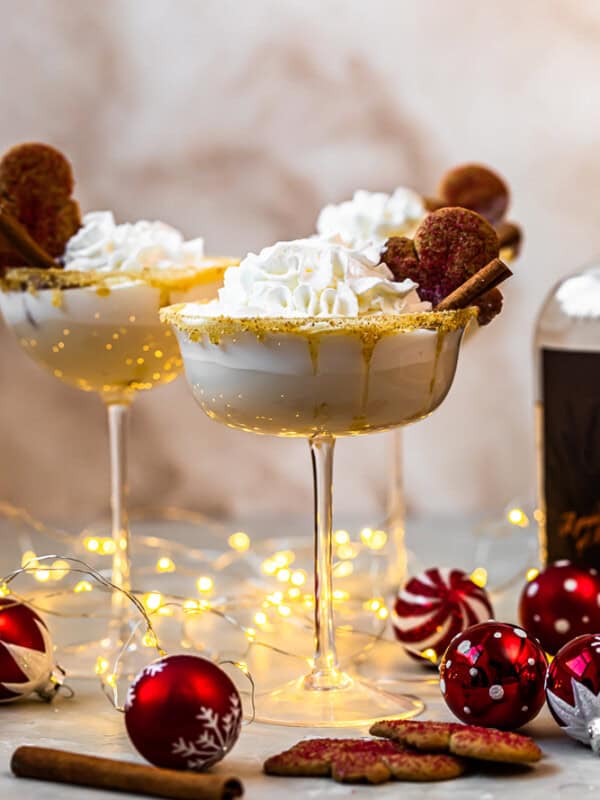 3 gingerbread martinis with christmas decorations