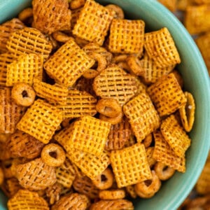 BBQ Chex Mix in bowl on table