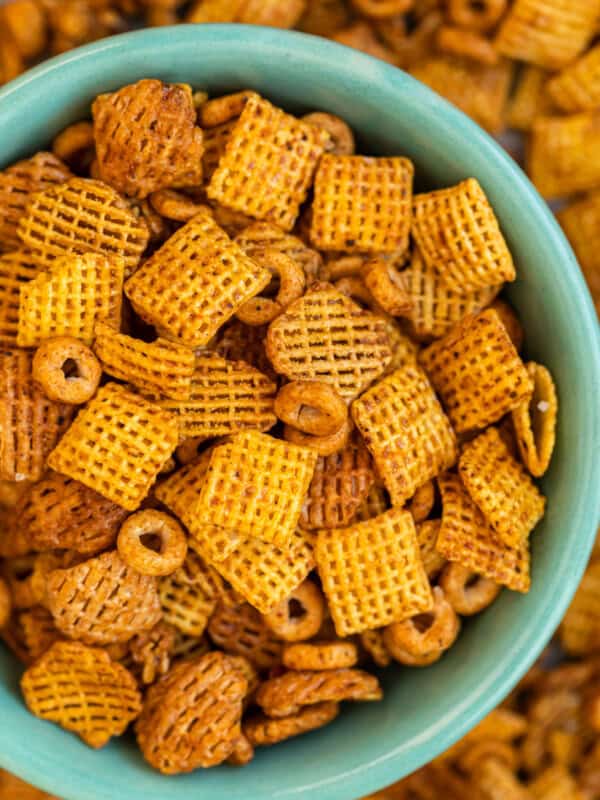 BBQ Chex Mix in bowl on table