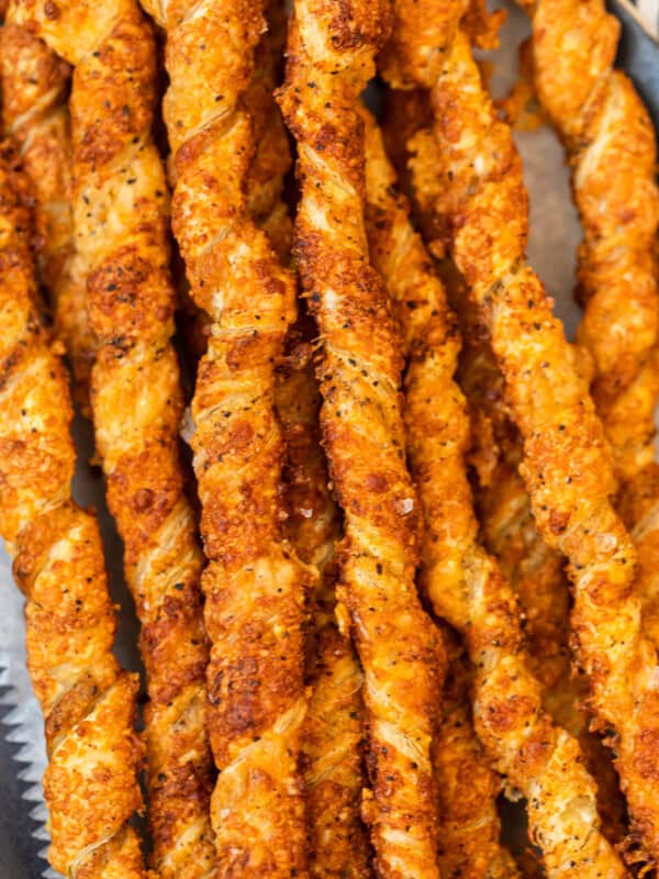 twisted cheese straws on platter