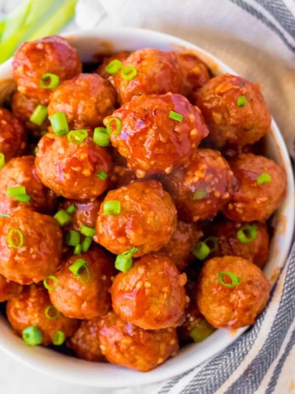 up close bowl of crockpot honey garlic meatballs