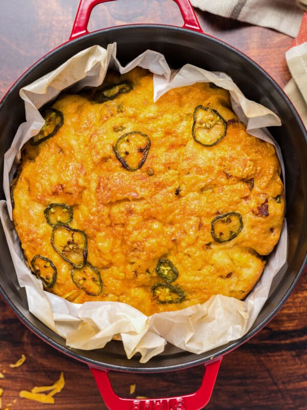 dutch oven jalapeno bread in red dutch oven