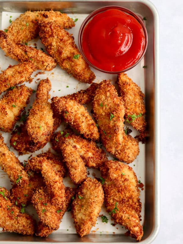 air fryer chicken tenders on baking sheet