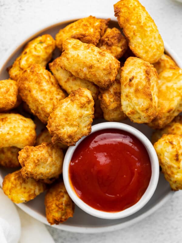 air fryer tater tots in white bowl with ketchup