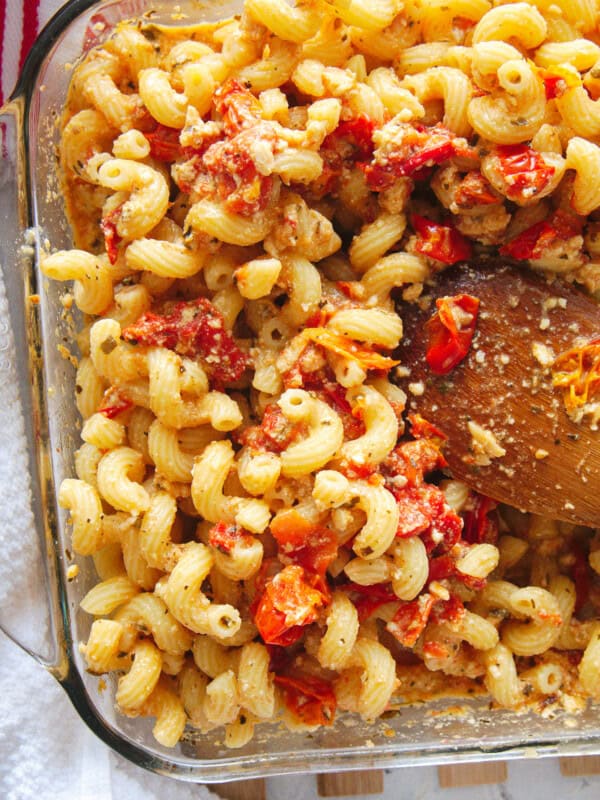 baking dish with baked feta pasta