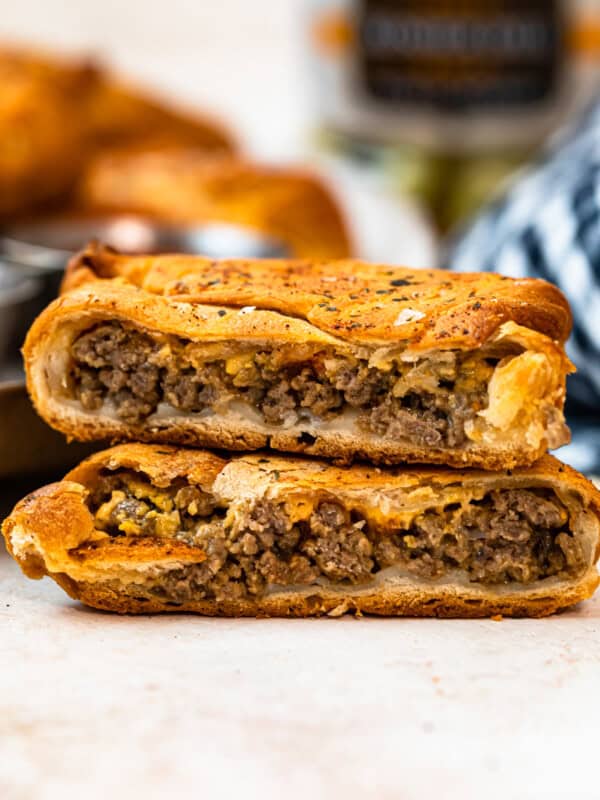 stacked cheeseburger hand pies showing the middle