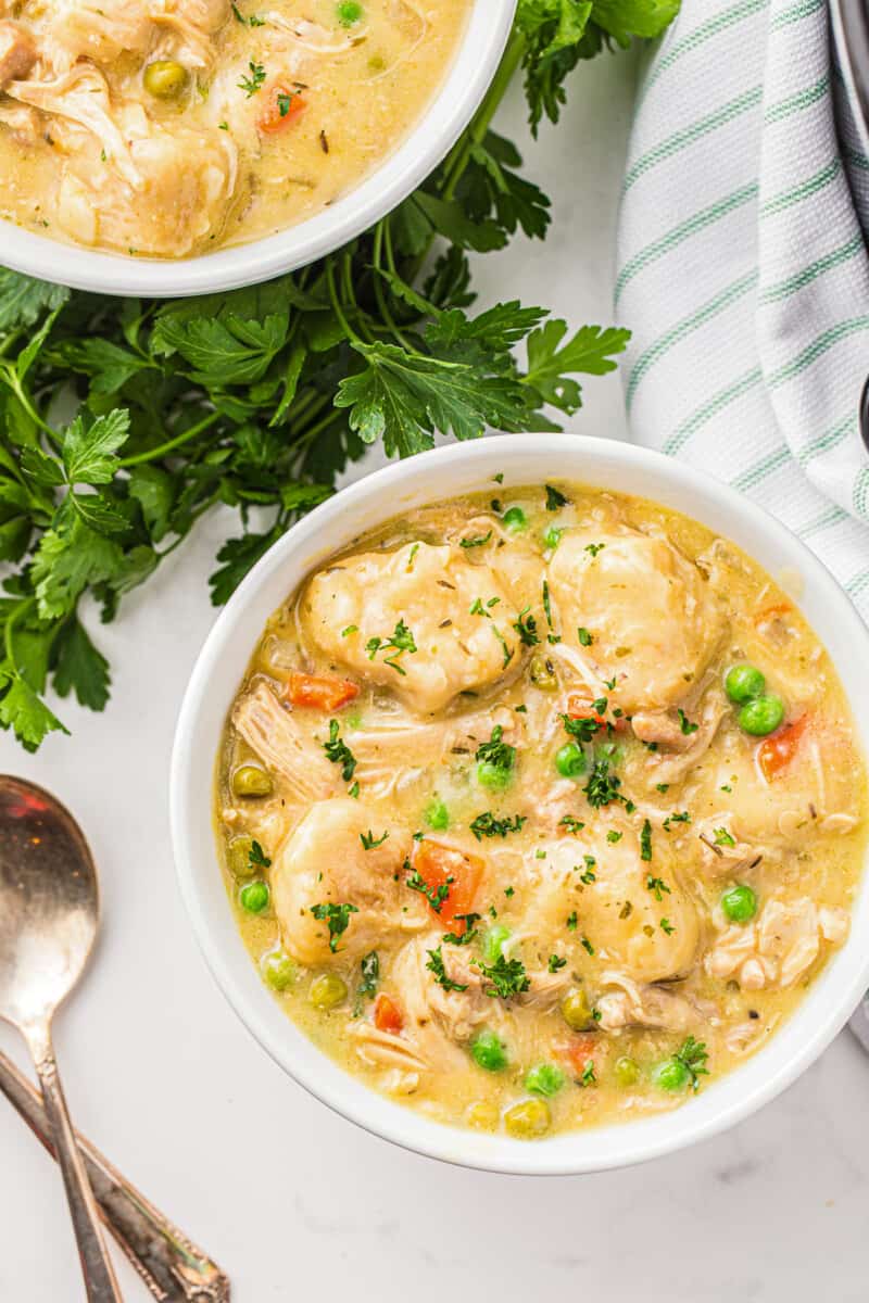 two bowls of chicken and dumplings made in crockpot with spoons