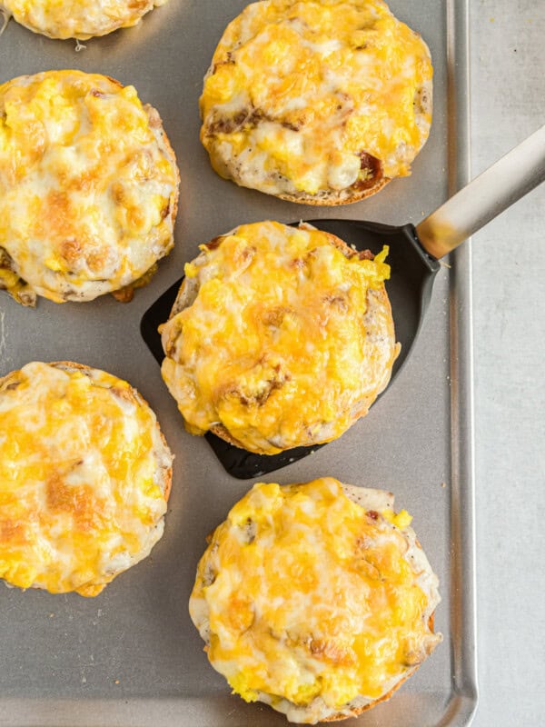 sheet pan with english muffin breakfast pizzas