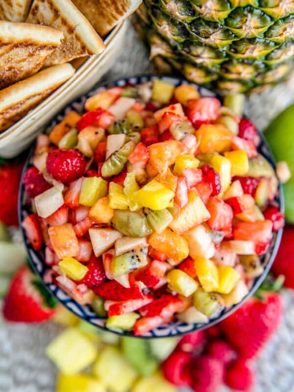 overhead fruit salsa in blue bowl