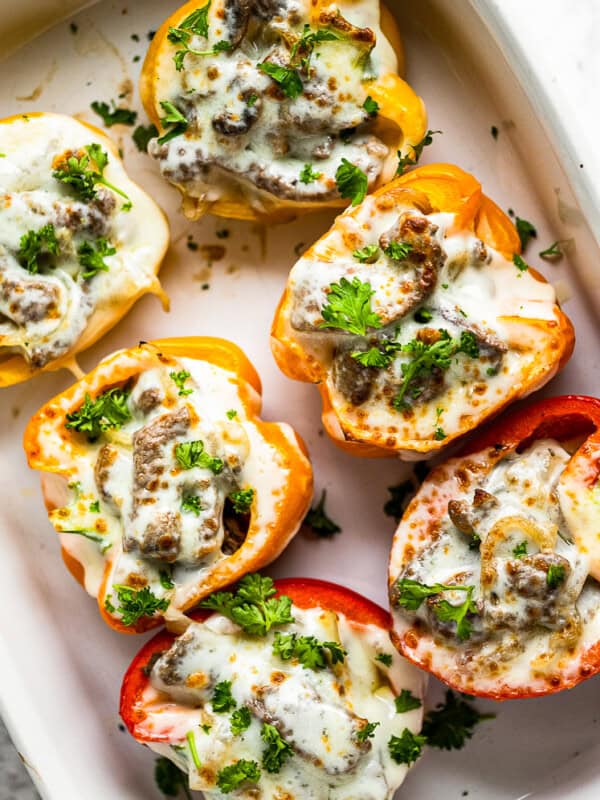 philly cheesesteak stuffed peppers in baking dish