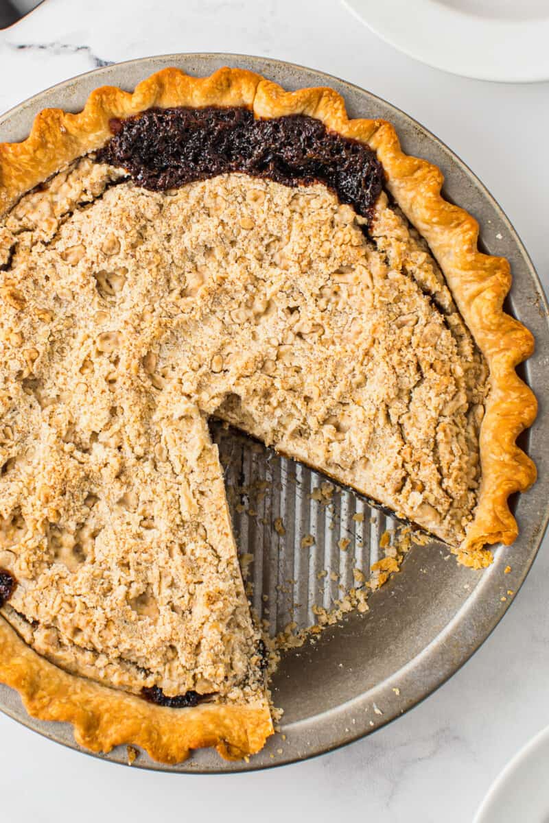 overhead shoofly pie with one slice out