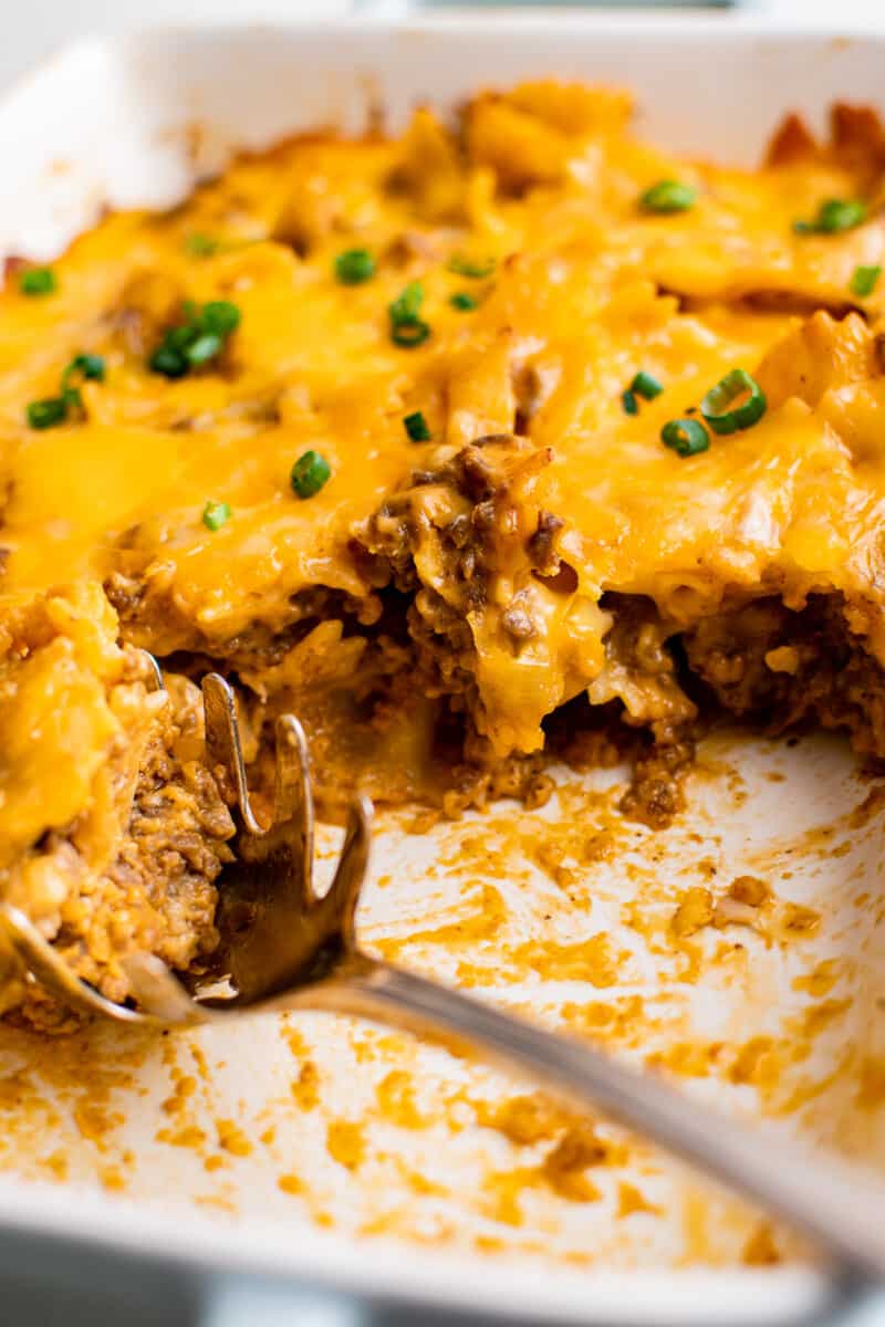 inside of sloppy joe casserole in baking dish